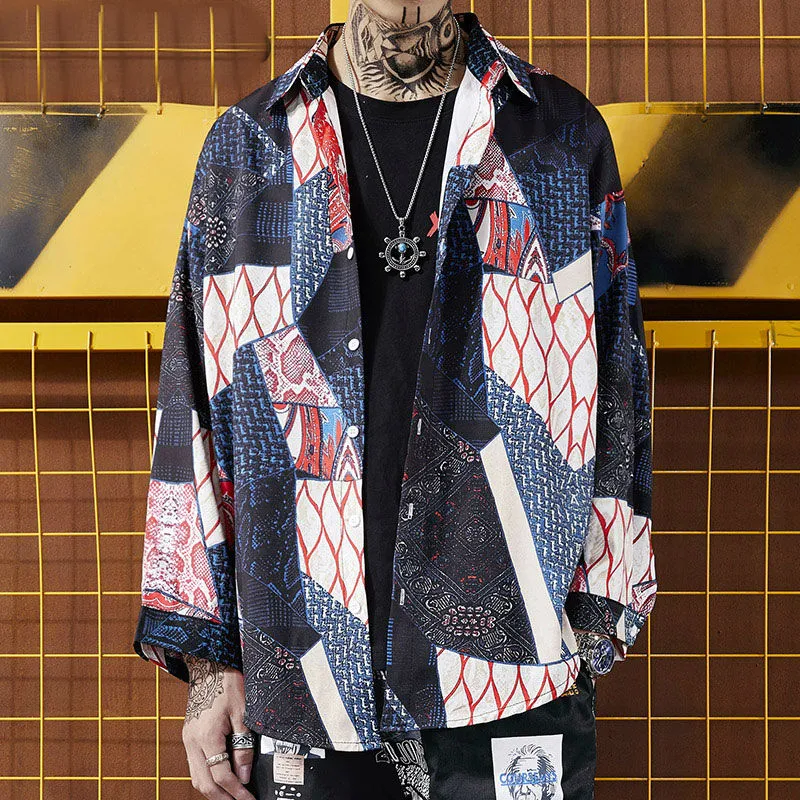 Japanese Ukiyo E Geometry Pattern Casual Streetwear Men Shirt